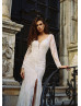 Long Sleeve Ivory Lace Slit Backless Wedding Dress